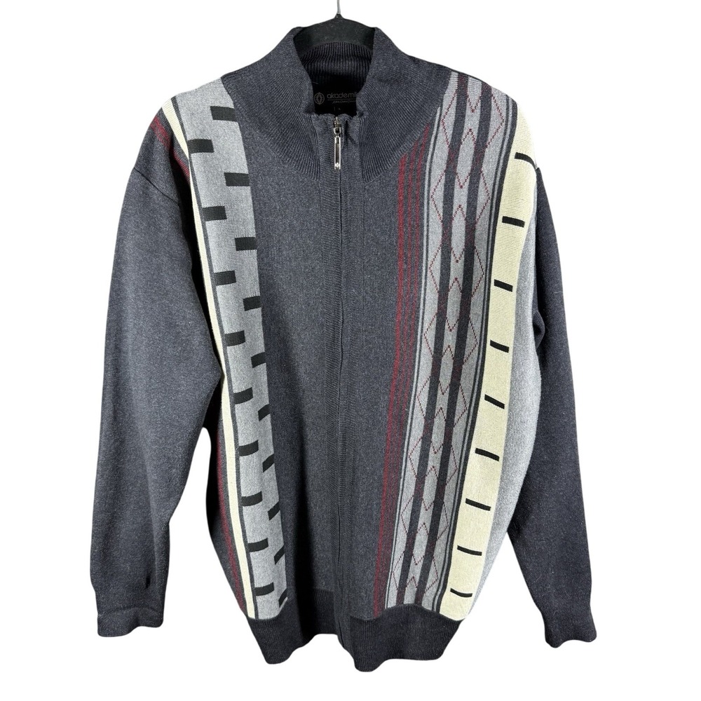 Akademiks Sweater Mens Large Gray Geometric Abstract Cardigan Full Zip Retro